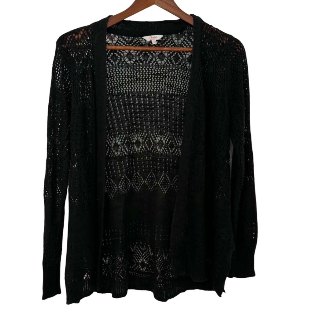 Candie's Cardigan Women Large Black Excellent Crochet Pointelle Open Front Knit